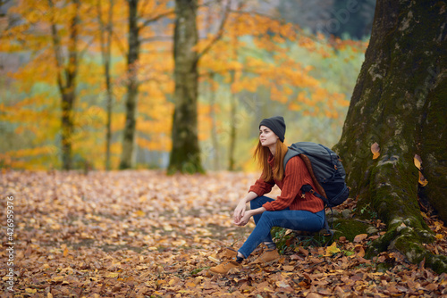 portrait of a woman in a sweater and jeans and a hat under a tree in the autumn forest