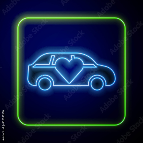 Glowing neon Luxury limousine car icon isolated on blue background. For world premiere celebrities and guests poster. Vector