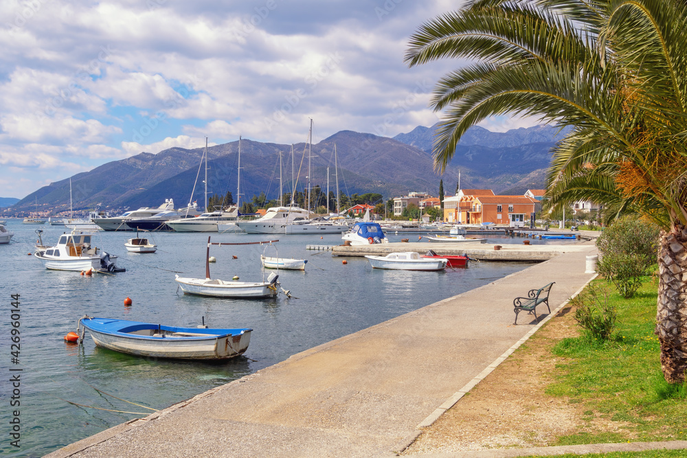 Fototapeta premium Beautiful Mediterranean landscape with village embankment and fishing boats on water. Montenegro, Adriatic Sea, view of Bay of Kotor and Seljanovo village near Tivat city