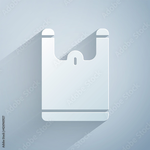 Paper cut Plastic bag icon isolated on grey background. Disposable cellophane and polythene package prohibition sign. Paper art style. Vector