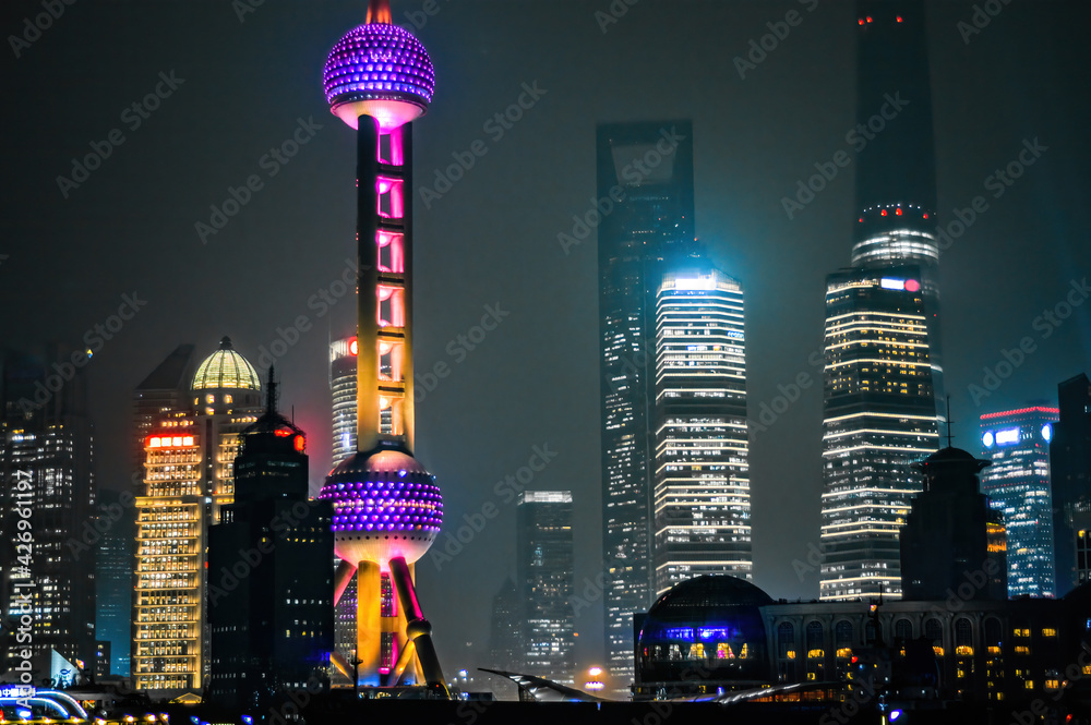 Oriental Pearl TV Tower lights on at night around Bund areal in Shanghai China Xiafei Wall Mural Buy online at UKposters