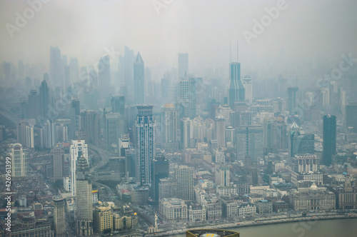 Aerial view showing the pollution smog of Shanghai on daytime, China