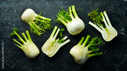 Fresh fennel on a black stone background. Organic food. Top view. Free space for your text.