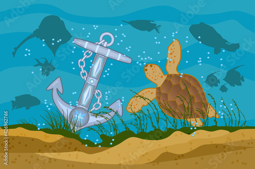 Sea background. Anchor, turtle and fishes silhouettes on a blue sea background. Boat anchor in the water on ocean bottom sand near sea animals. Marine underwater lifestyle. Stock vector illustration