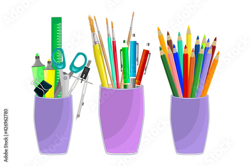 Set of school or office cups with stationery supplies isolated on a white background.Color pencils in cup.Stationery holder collection. Colored desk organizer. Back to school.Stock vector illustration