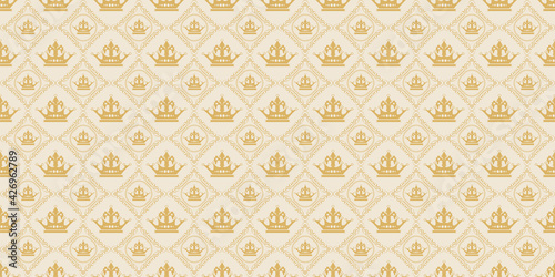 Background pattern with golden royal crowns on a white background. Great for postcards, covers, wallpapers. Seamless pattern, texture for your design. Vector image 