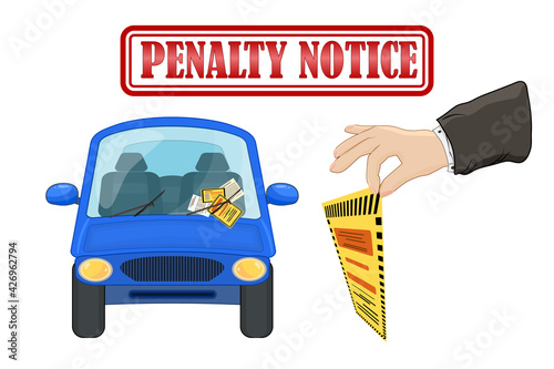 Parking violation ticket fine placed on the car windshield, under wiper. Penalty charge notice, illegal parking. Warden hand holding violation ticket. Street rules and safety.Stock vector illustration