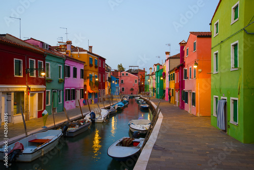 Twilight on the canal of the colorful island of Burano, Italy © sikaraha