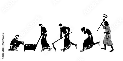Vector drawing of religious Jewish figures, the children of Israel, working hard, making bricks from clay. An Egyptian stands and holds a beating stick. A scene from the enslavement of Israel in Egypt