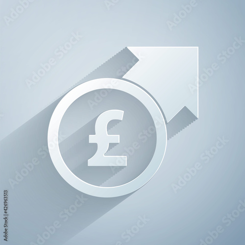 Paper cut Financial growth and pound sterling coin icon isolated on grey background. Increasing revenue. Paper art style. Vector
