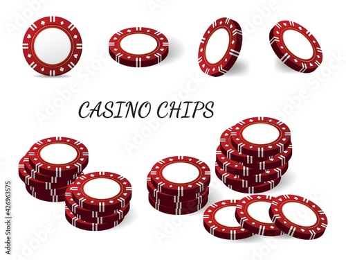 Red matte casino chips for poker or roulette. Elements to design logo, website or banner. Vector illustration isolated on white background.