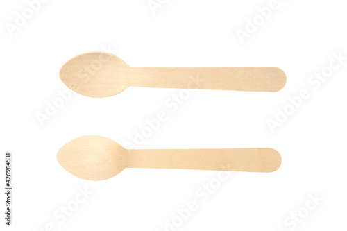 Two wooden spoons isolated on white background. Ecology