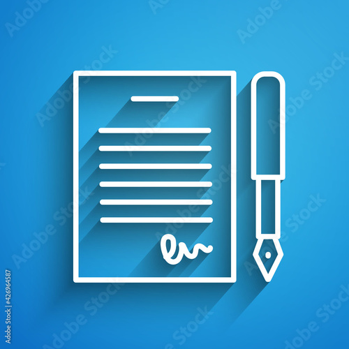 White line Marriage contract icon isolated on blue background. Wedding certificate. Long shadow. Vector