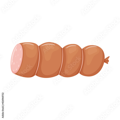 Sliced pink boiled sausage with chunks of fat. Ham. Meat product, Food ingredient. Ready-made food. Flat cartoon vector illustration isolated on a white background.