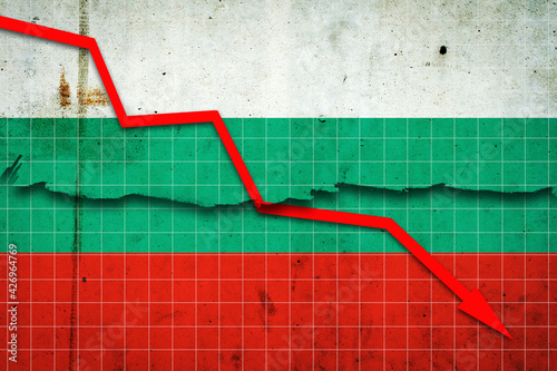 Fall of the Bulgaria Economy. Recession graph with a red arrow on the Bulgaria flag. Economic decline. Decline in the economy of stock trading. Downward trends in the economy.