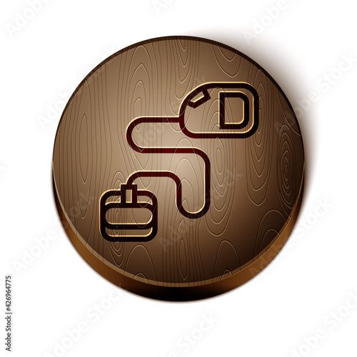 Brown line Retractable cord leash with carabiner icon isolated on white background. Pet dog lead. Animal accessory for outdoors walk. Wooden circle button. Vector