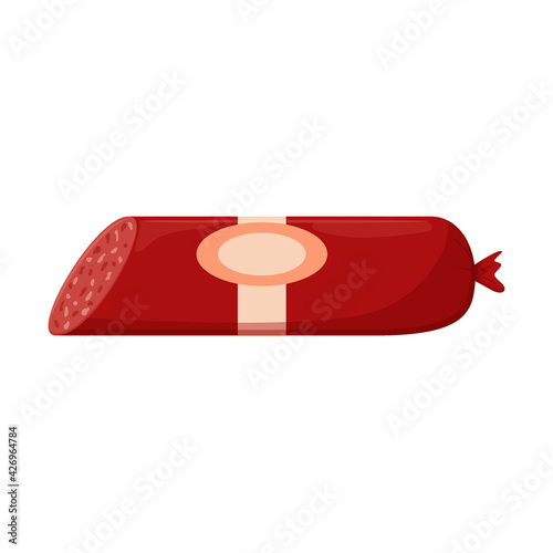 A piece of sliced boiled smoked sausage with chunks of meat and fat. Meat product, Food ingredient. Ready-made food. Flat cartoon vector illustration isolated on a white background.