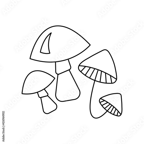 Linear black white mushrooms icon. Can be used as a sticker, symbol or sign. Simple stock vector illustration isolated on white background. Outline mushrooms in the forest for hiking and traveling
