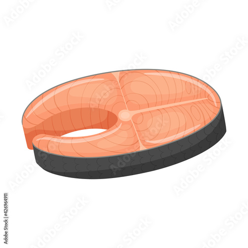 A piece of red fish in a cross section. Fillet of pink salmon or salmon. Raw meat of sea fish, a food ingredient. Peeled fish. Flat cartoon vector illustration isolated on a white background.