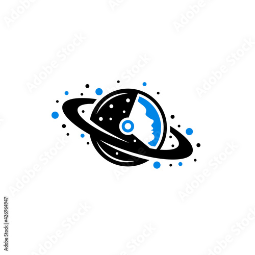 Astronaut head concept with planet Saturn. Creative logo design.
