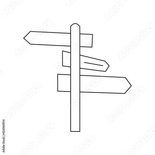 Linear black white path indicator icon. Can be used as a sticker, symbol or sign. Simple stock vector illustration isolated on white background. Outline direction of road for hiking and traveling.