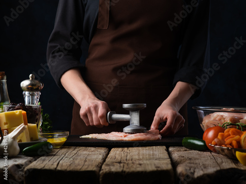 Chef Hammering Chicken Fillet Background Food Cooking Meat Chops Or Meatloaf Chicken Recipes Cooking Recipes And Cooking Recipe Book Concept Selling Meat In Stores