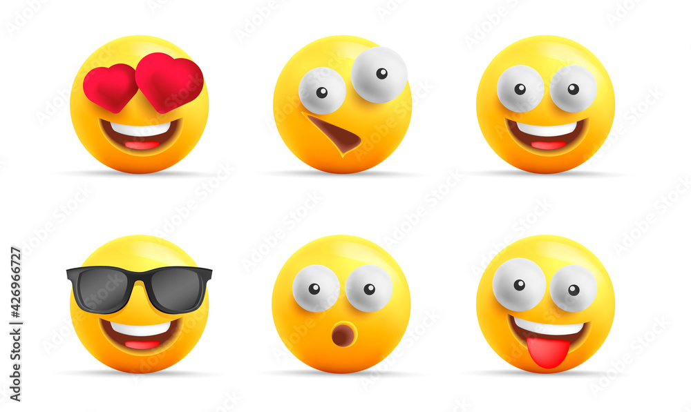 Smiley face 3d icons or yellow emojies with happy expressions, spheric characters laughing, in love and cool in sunglasses Smiley face 3d icons or yellow emojies with happy expressions, spheric characters laughing, in love and cool in sunglasses