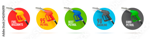 Set of stickers for gas station, circles with fuelling gun or nozzel illustration with petrol type photo