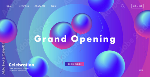 grand opening web banner with fluorescent round air balloons blue with purple pink light, on background with circles, modern style landing page design