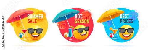 Set of summer sale discount tags, circle shapes with 3d illustration of smiley face with umbrella and cocktails in sunglasses on the beach having fun