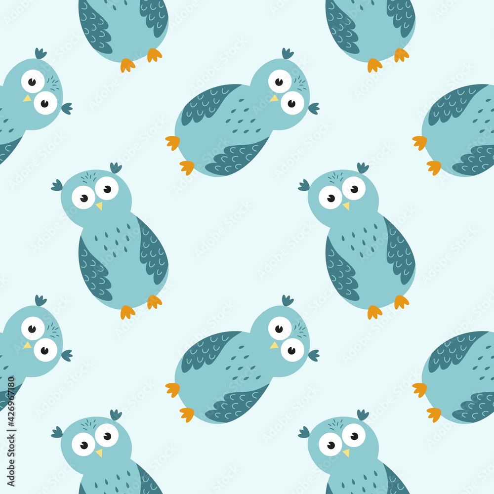 Obraz premium Endless background with cute owls. Blue seamless pattern with an owl for a boy. Colors for printing on fabric, clothing, and packaging paper.