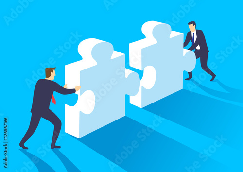 Two businessmen pushing two jigsaw pieces, Working together partnership, Teamwork cooperation and collaboration business concept, Flat design vector illustration