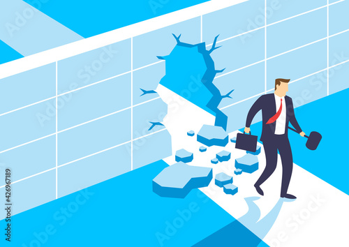 Businessmen break barriers with hammer, Overcome obstacles on the way to successful, Business concept of challenge problem solving and overcoming obstacles, Flat design vector illustration