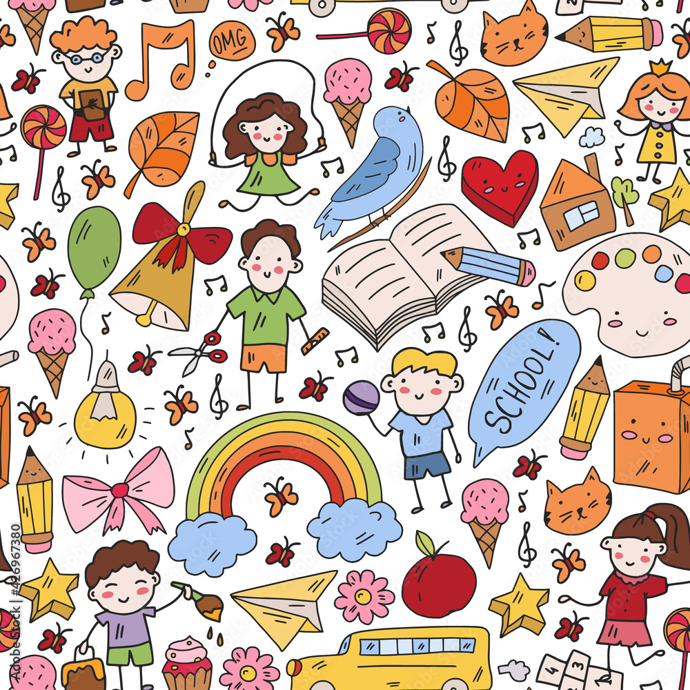 Fototapeta premium Small children play and grow. Kindergarten. Online education.