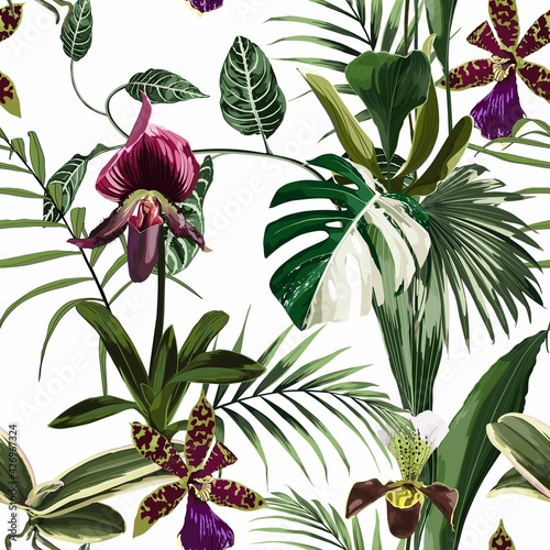 Tableau sur toile Exotic flowers seamless pattern