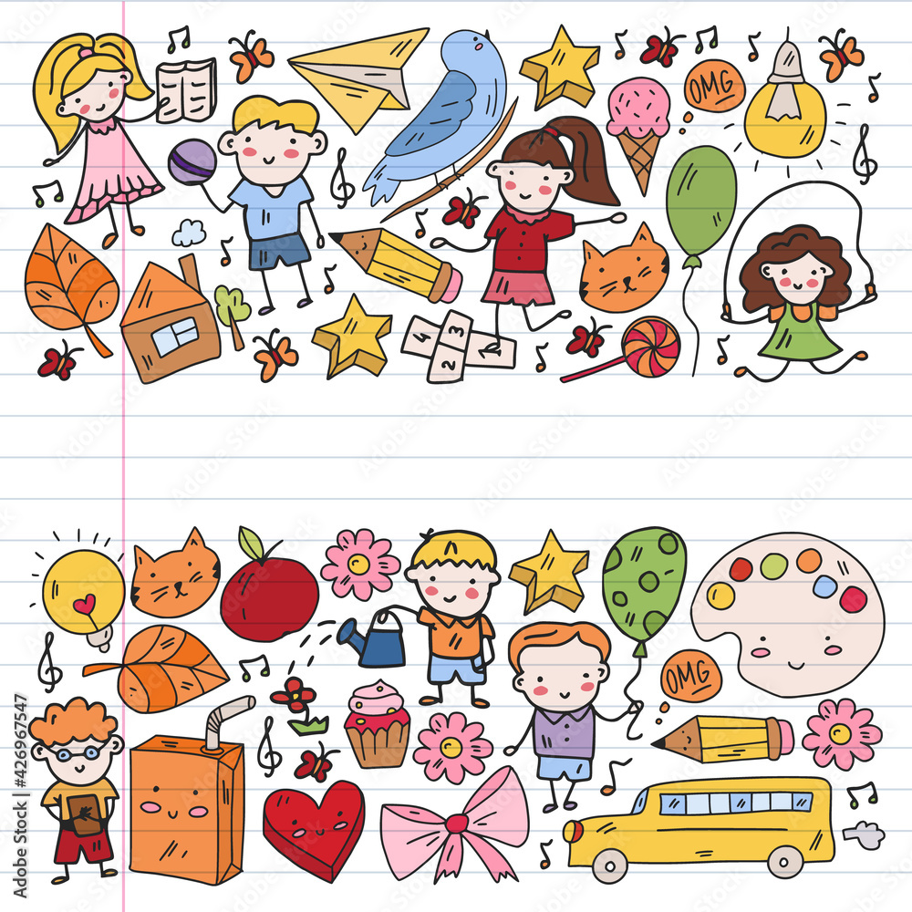 Kids drawing Kindergarten School Happy children play Illustration for kids Nursery Preschool Children icon Kids drawing Kindergarten School Happy children play Illustration for kids Nursery Preschool Children icon