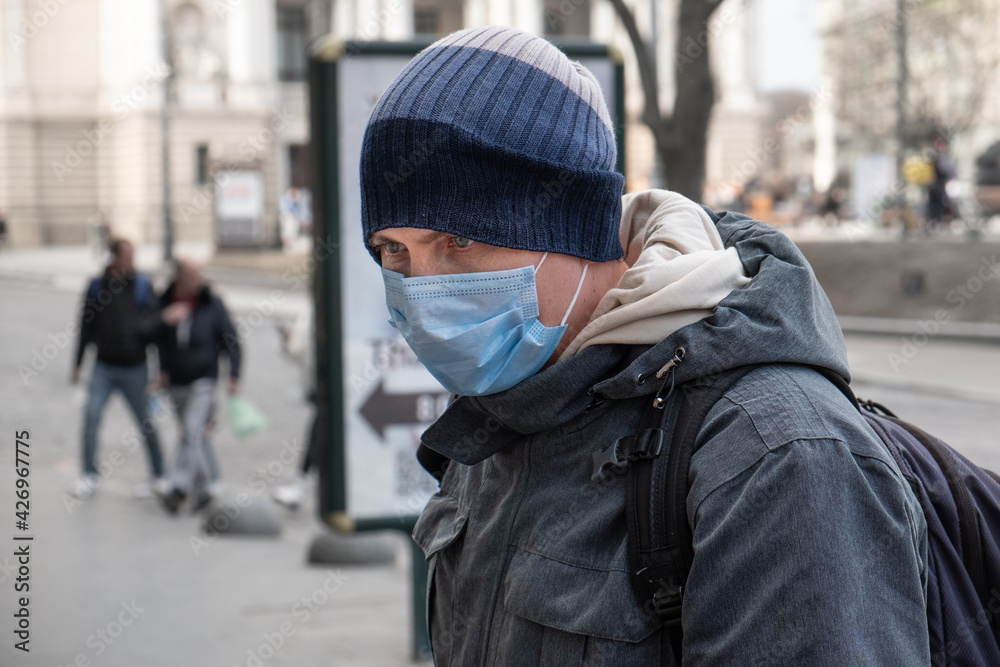 man in medical mask outdoors man in medical mask outdoors