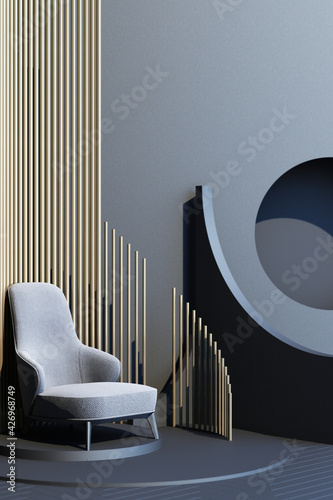 Mock up gray and gold texture abstract studio fashion minimal geometric shape trend with gray armchair on podium platform. 3d rendering