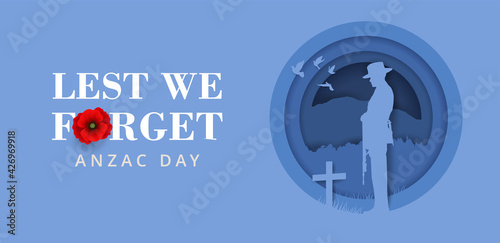 Anzac Day Banner with silhouette of soldier paying tribute and poppy flower, Vector