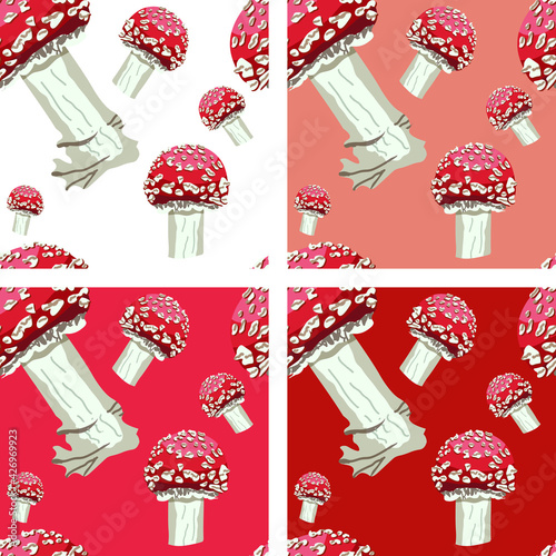 Set of 4 Realistic Fungi Mushrooms  Seamless Pattern Background