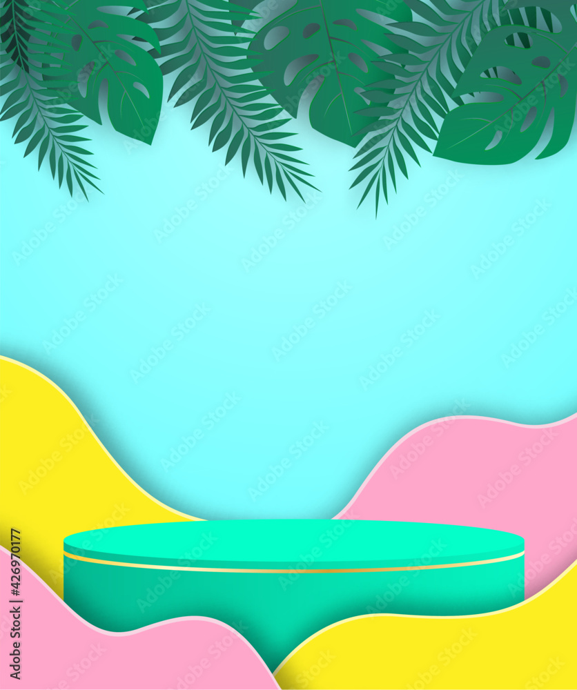 Fototapeta premium Summer theme product display podium. Design with tropical leaves on colorful background. paper art style. Vector.