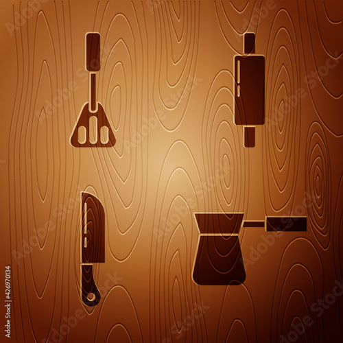 Set Coffee turk, Spatula, Knife and Rolling pin on wooden background. Vector