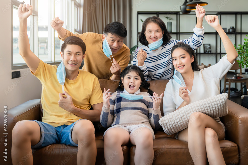 stay strong healthy asian family multi generation wearing virus protective face mask stay quarantane together at living room home background social distacing new normal lifestyle stay strong healthy asian family multi generation wearing virus protective face mask stay quarantane together at living room home background social distacing new normal lifestyle