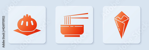 Set Asian noodles in bowl and chopsticks, Khinkali on cutting board and Temaki roll. White square button. Vector