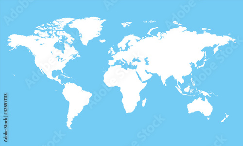 World map. White and blue map template for website pattern. Illustration of flat Earth isolated on background. World map icon. Flat globe silhouette. Surface of continents and oceans. Simple design.