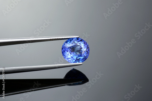 Natural oval portuguese faceted rich purplish blue color crystal clean, flawless tanzanite semoprecious gemstone holded in tweezers. Gray reflective background. photo
