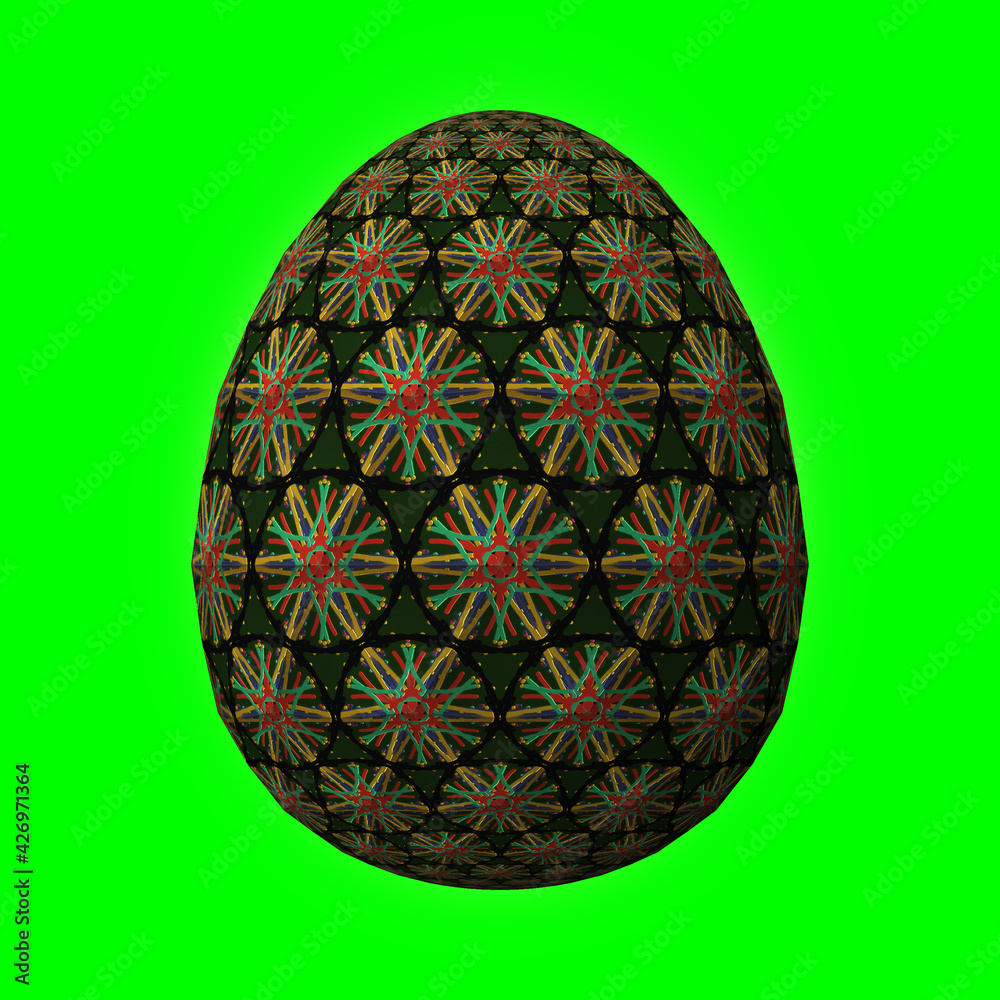 Happy Easter, Artfully designed and colorful 3D easter egg, 3D illustration on green Happy Easter, Artfully designed and colorful 3D easter egg, 3D illustration on green