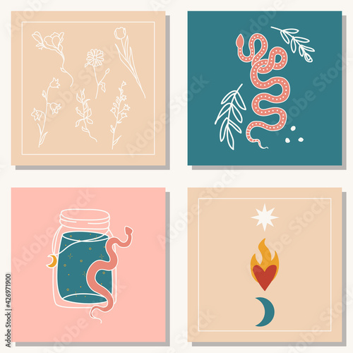 Set of hand drawn abstract elements in modern, trendy colors, taro cards and boho concept, minimalism art.