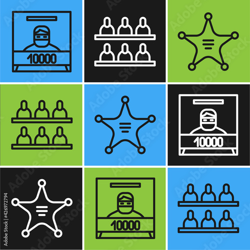 Set line Wanted poster, Hexagram sheriff and Jurors icon. Vector