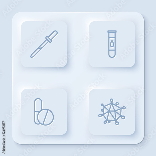 Set line Pipette, Blood test and virus, Medicine pill or tablet and Virus. White square button. Vector